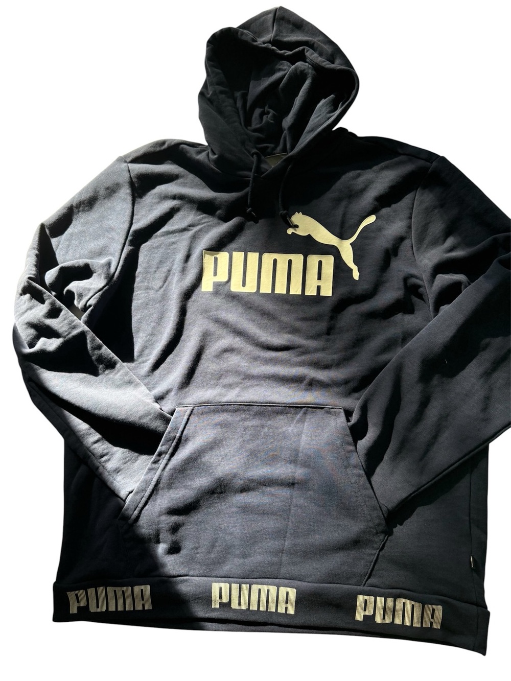 Puma Blue Hoodie with Gold Logo and Hem Branding. Size XL